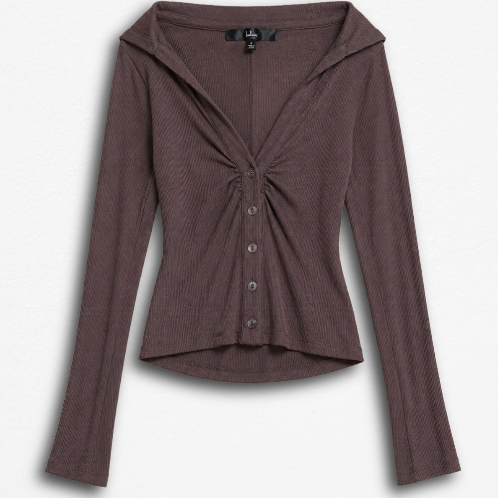 Lulus Ribbed Long Sleeve Button Front Ruched Cardigan Top Brown Small